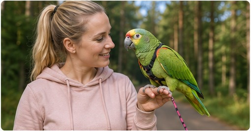 Människa och papegoja med sele ute i naturen