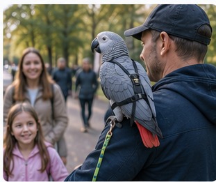 Papegoja och människa i social utomhusmiljö med sele